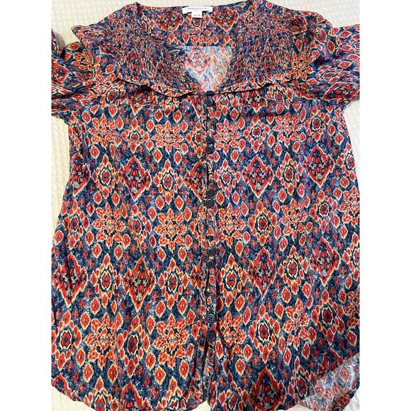 Beach Lunch Lounge Boho Red & Blue Boho Print Long Sleeve Cottage Core Blouse XS - Picture 8 of 9